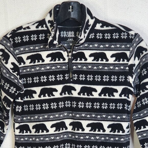 Falls Creek Black White ¼ Zip LS Poly Fleece Bear Motif Pull On Shacket Sz S 6/7 - Picture 2 of 16